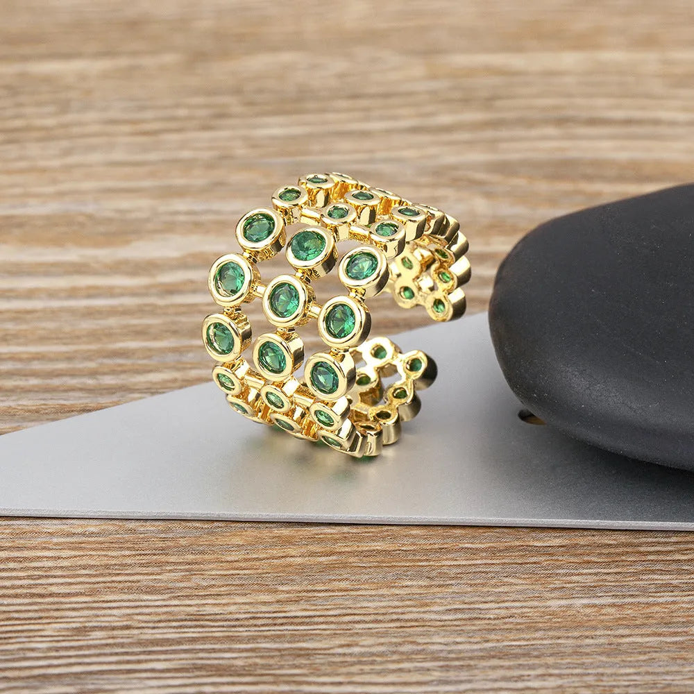 Wide band gold plated copper ring with green zircon stones, unisex jewellery accessory