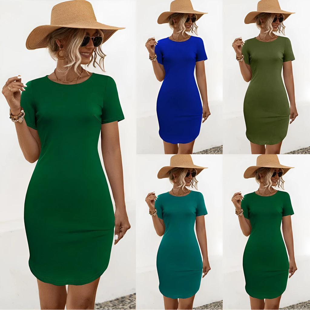 Women's U-neck short sleeve dress in cotton blend fabric with slim fit and splicing detail