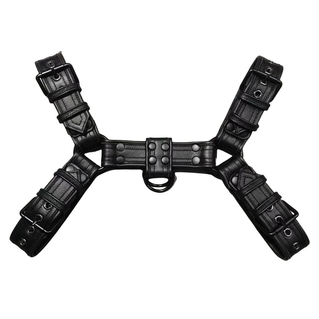 Black leather chest harness strap with metal buckles for men's bondage costume.