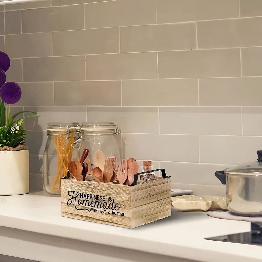 Wooden kitchen storage box with grid compartments for tableware organisation