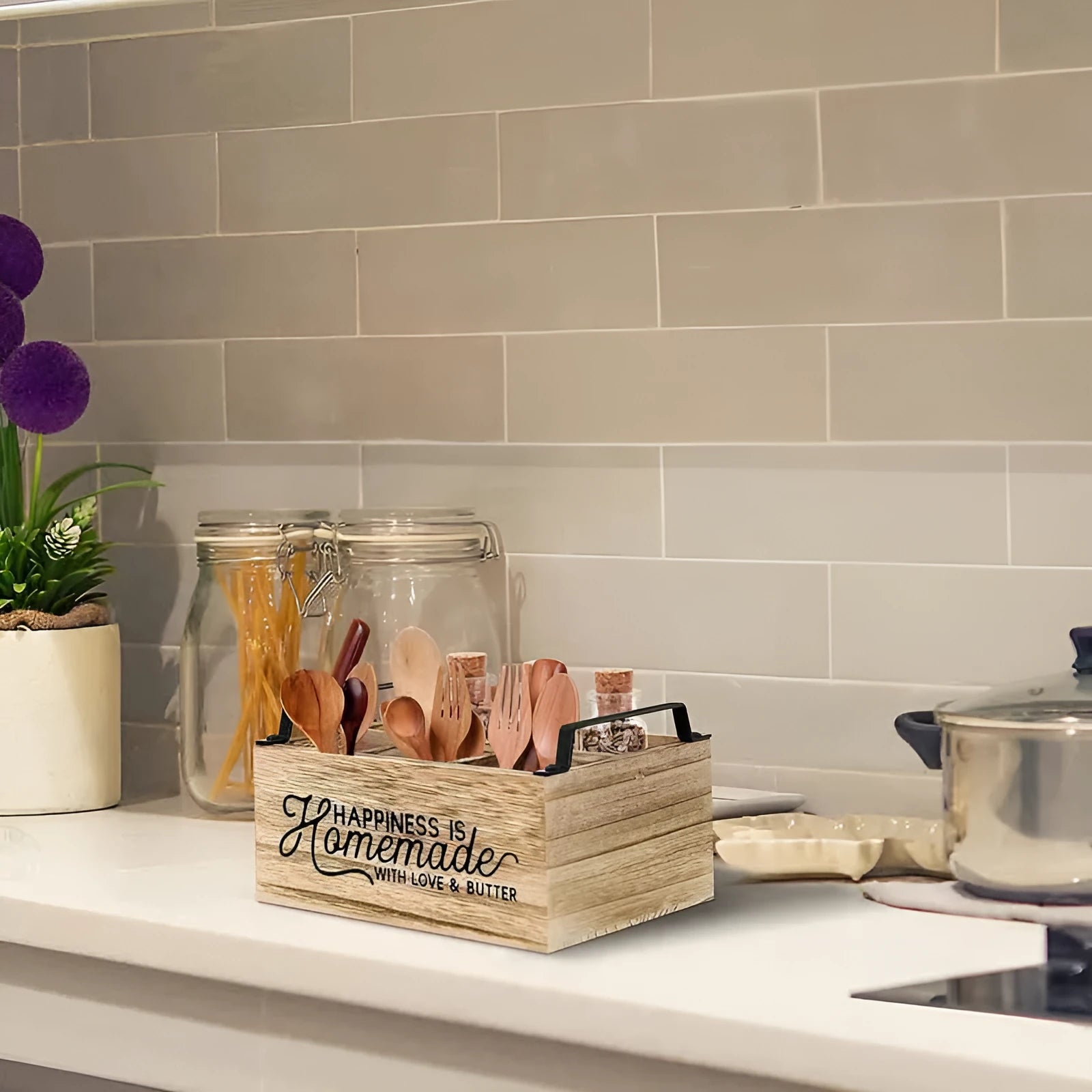 Wooden kitchen storage box with grid compartments for tableware organisation