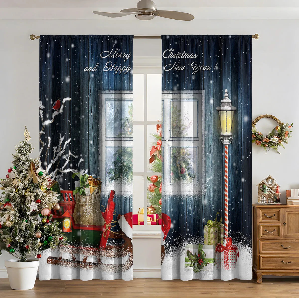 3D digital printed Christmas curtains in polyester with sunshade function and modern design