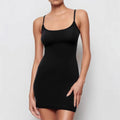 Black skinny sheath sling dress with sleeveless design on a mannequin.