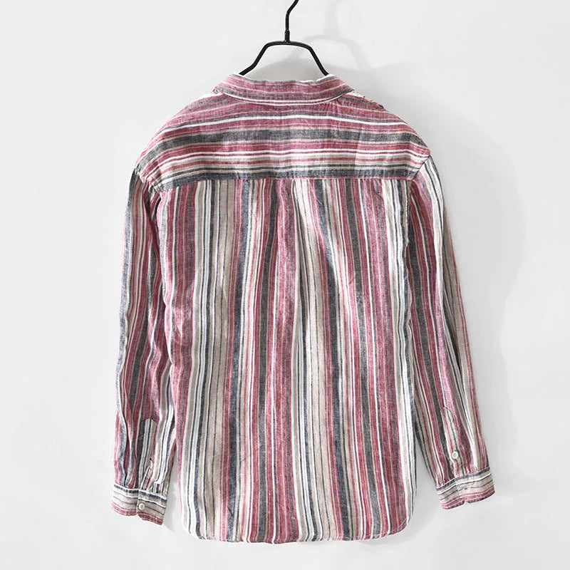 Red and grey striped linen shirt for men with long sleeves and loose fit design