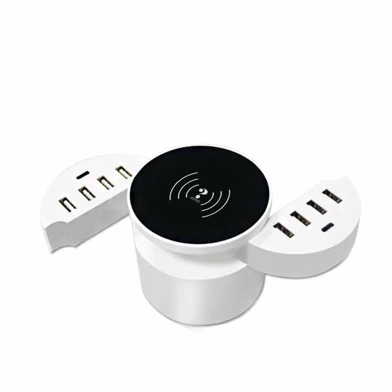 Multi-port wireless circular charger in ceramic white with UK EU US plug adapters and 1.5m cable
