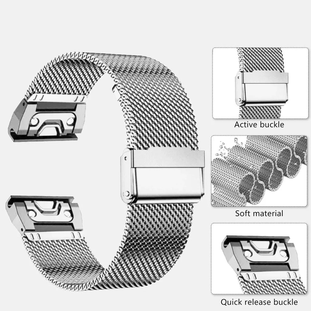 Stainless steel card strap for Garmin Fenix smartwatches in silver, black, gold, and rose gold colours