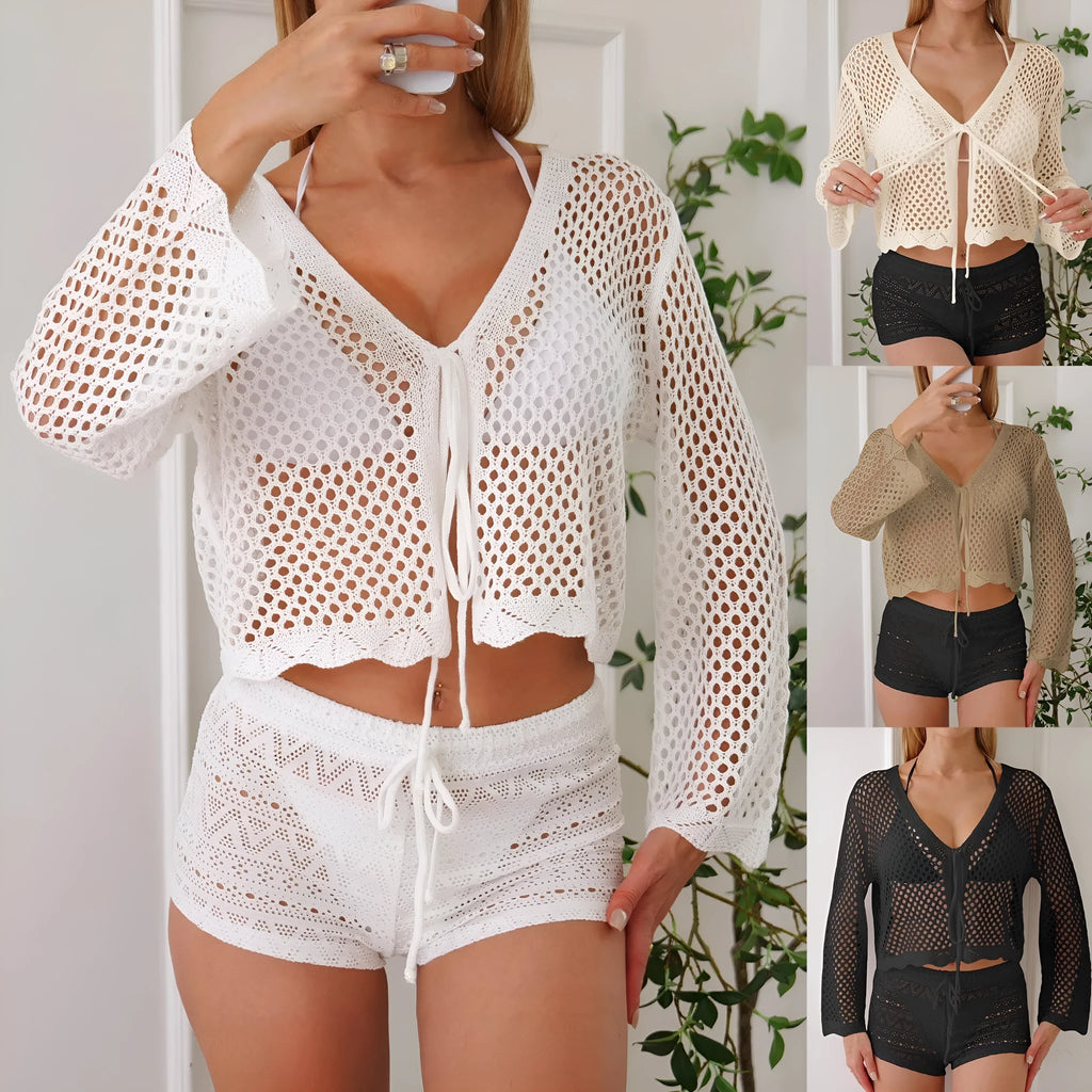Short 40cm women's cardigan blouse with bell sleeves in apricot colour.