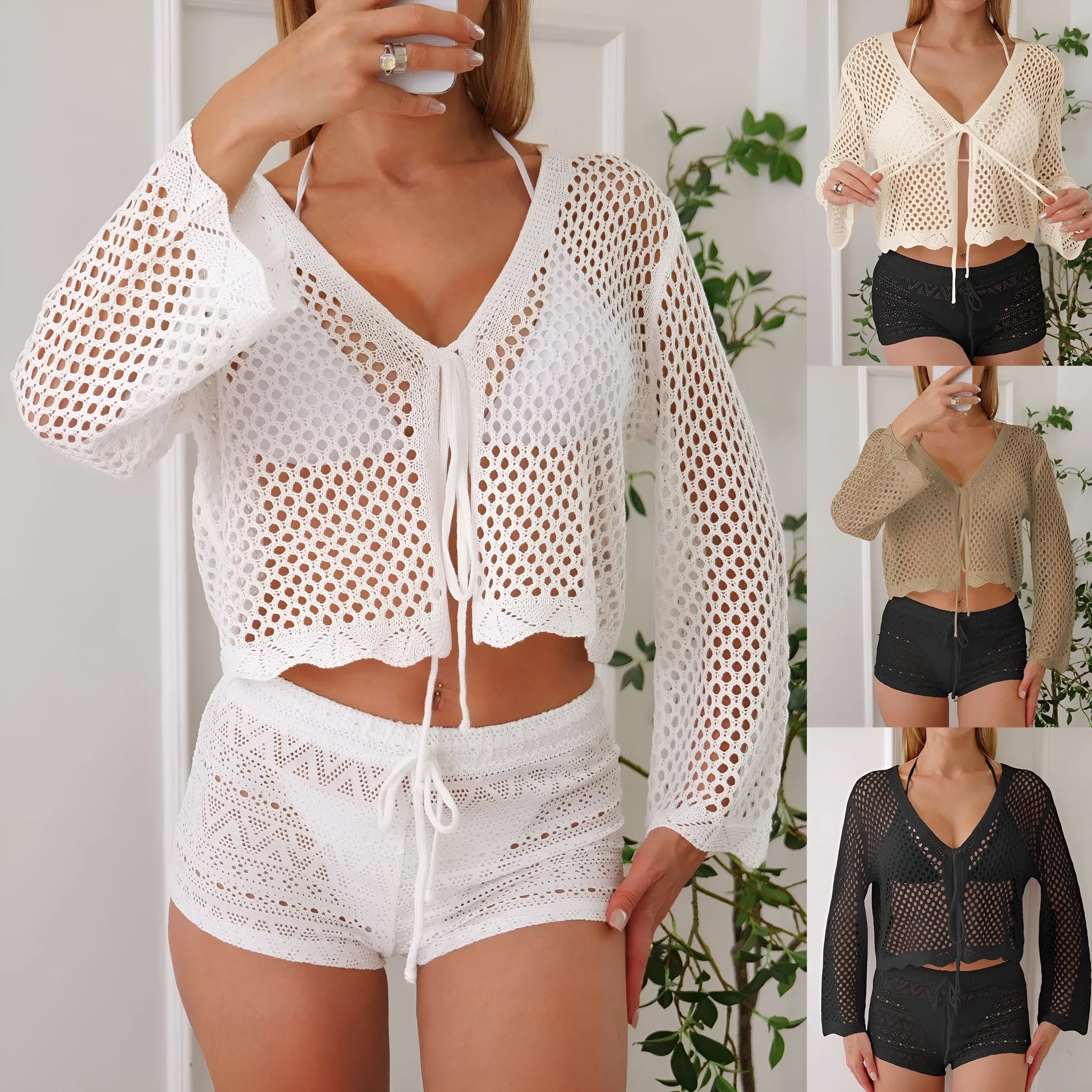 Short 40cm women's cardigan blouse with bell sleeves in apricot colour.
