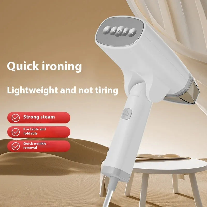 Blue and white handheld garment steamer with water tank and mechanical controls for wrinkle removal