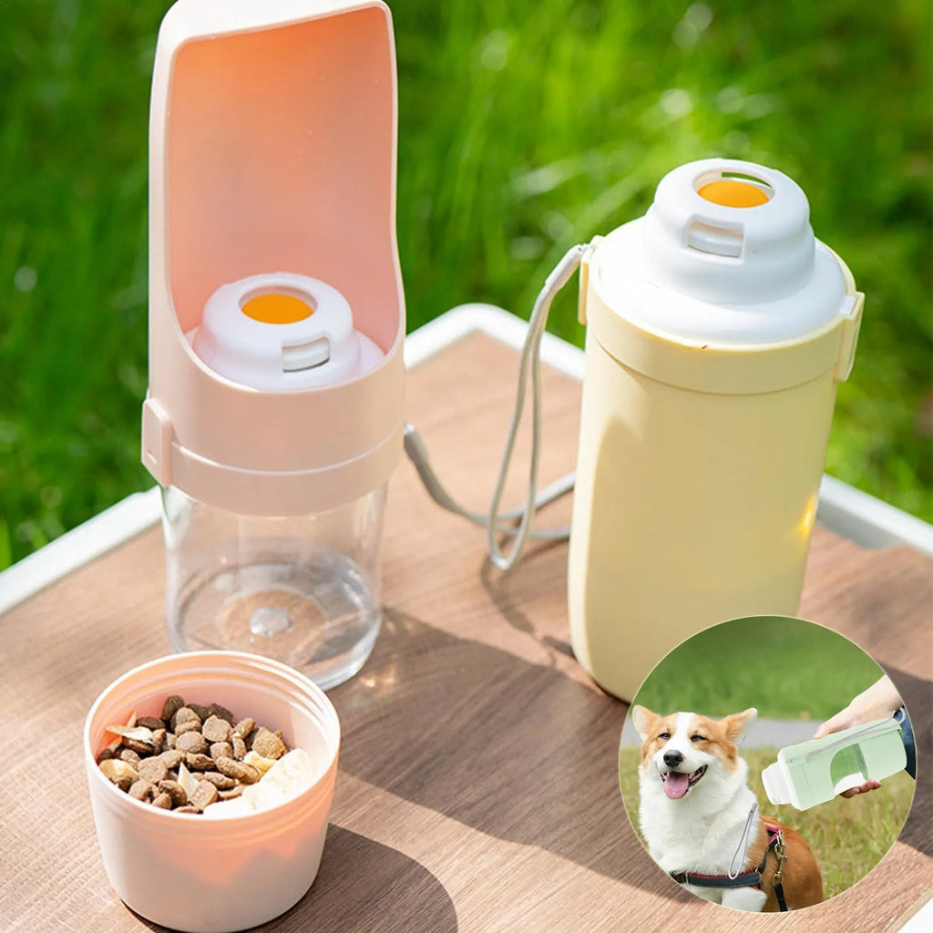 2-in-1 travel dog water bottle with 690ml capacity and green lanyard, folded to 20cm x 9cm, showing transparent body and dual compartments