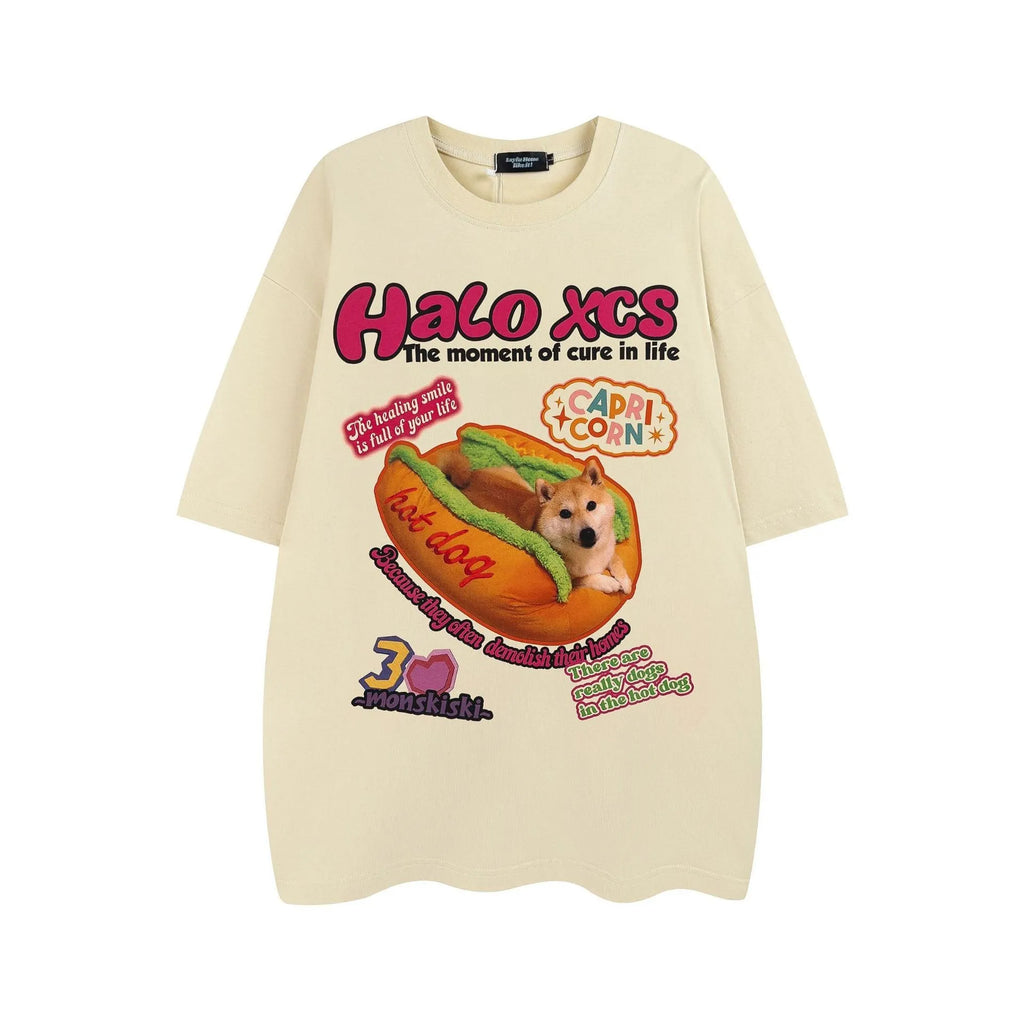 Cartoon hamburger dog printed loose fit T-shirt in apricot, sky blue, or white.