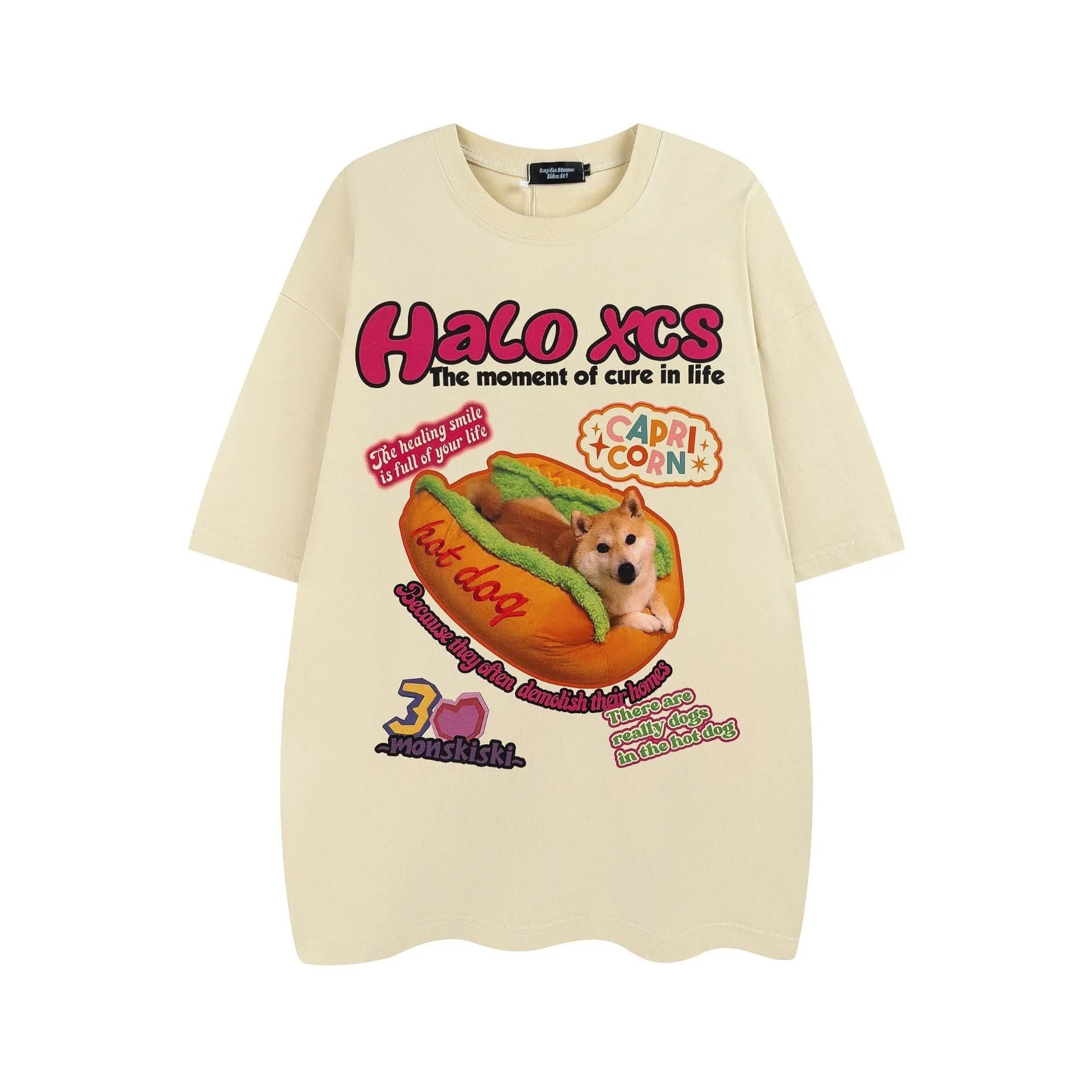 Cartoon hamburger dog printed loose fit T-shirt in apricot, sky blue, or white.
