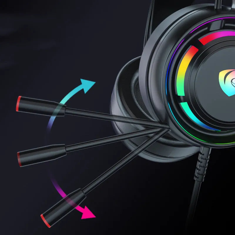 Black wired over-ear gaming headset with microphone and long cable, shown with 3.5mm and USB plug options.