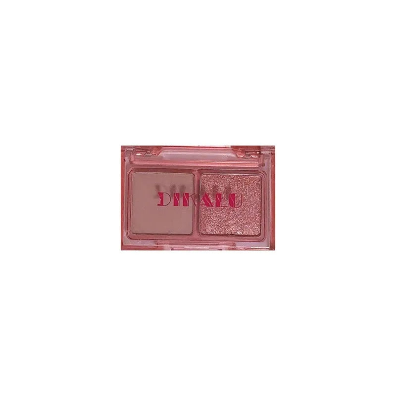 DIKALU two-tone eyeshadow palette open showing pink and black matte shimmer powder in one of five colour combinations.