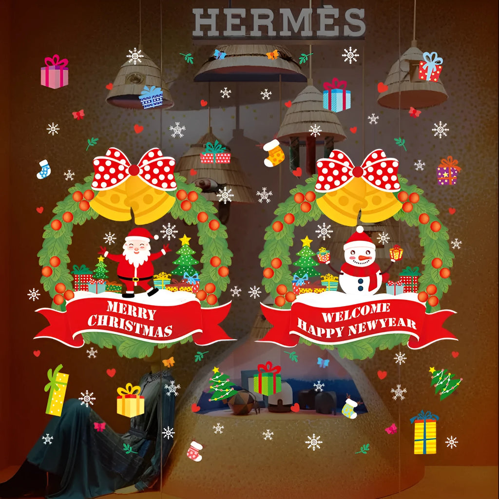 Large colourful cartoon Christmas static wall stickers for glass windows, 60x45cm PVC non-adhesive decorations