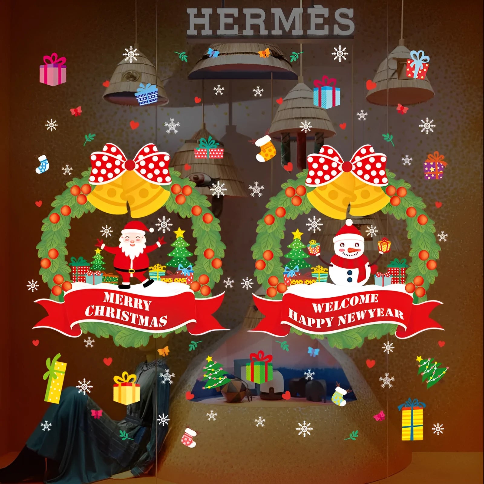 Large colourful cartoon Christmas static wall stickers for glass windows, 60x45cm PVC non-adhesive decorations