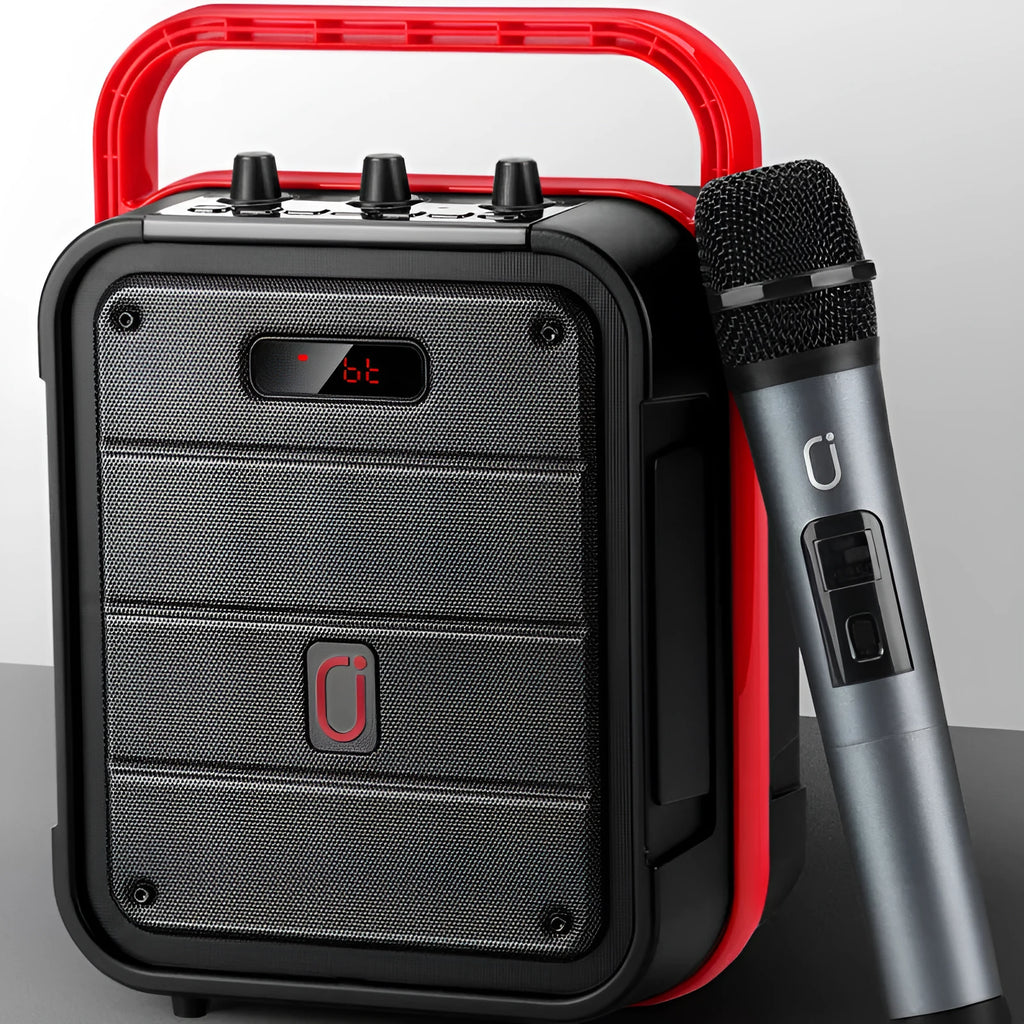 MS62AI colour portable Bluetooth speaker with wireless microphone and remote control on table