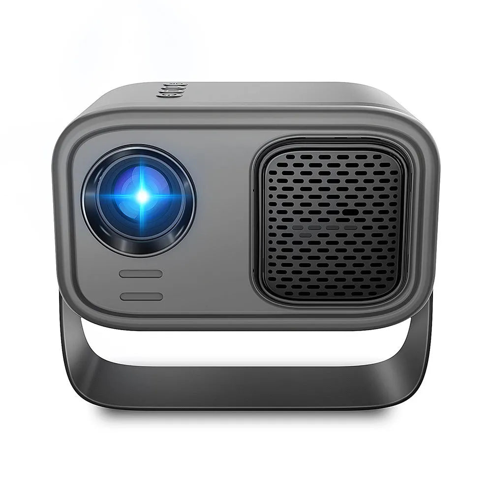 Black portable HD projector with Android system, remote control and multiple power cable adaptors