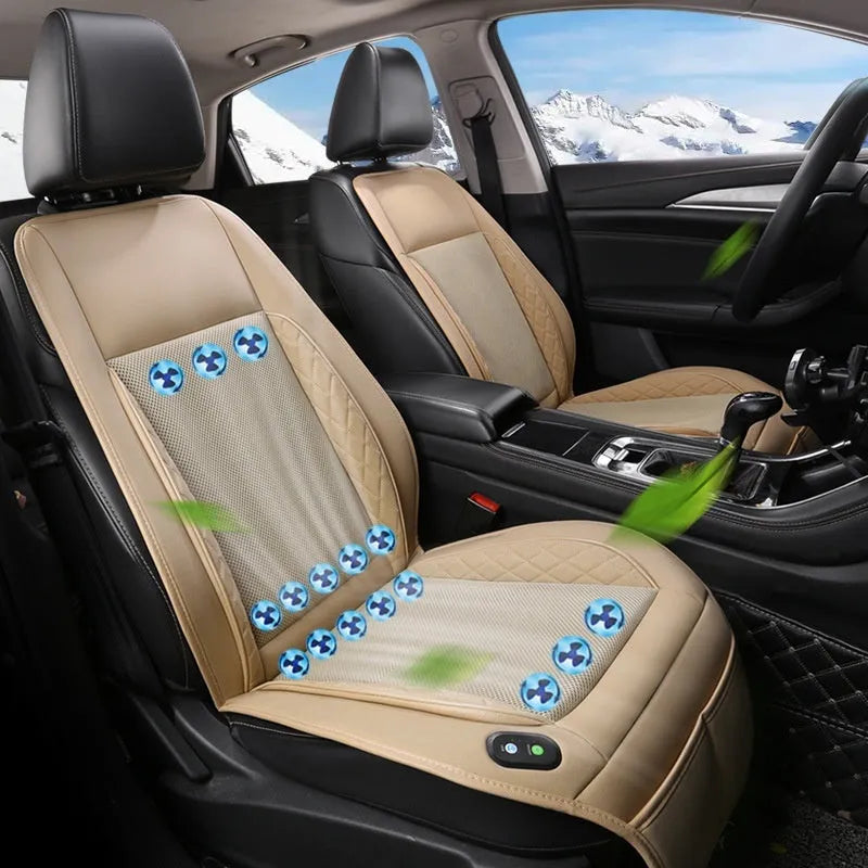 Car ventilation cushion with fan in black mesh design for driving comfort
