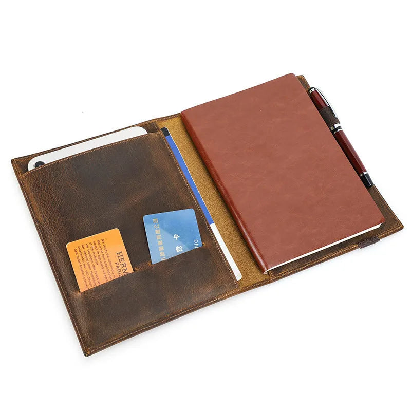 Brown Crazy Horse leather A5 notebook protective sleeve with socket-type closure