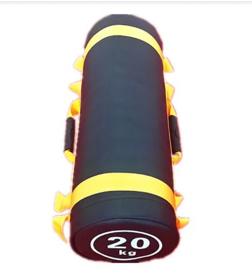 Flat white PVC fitness training sandbag with weight options from 5kg to 30kg for strength workouts