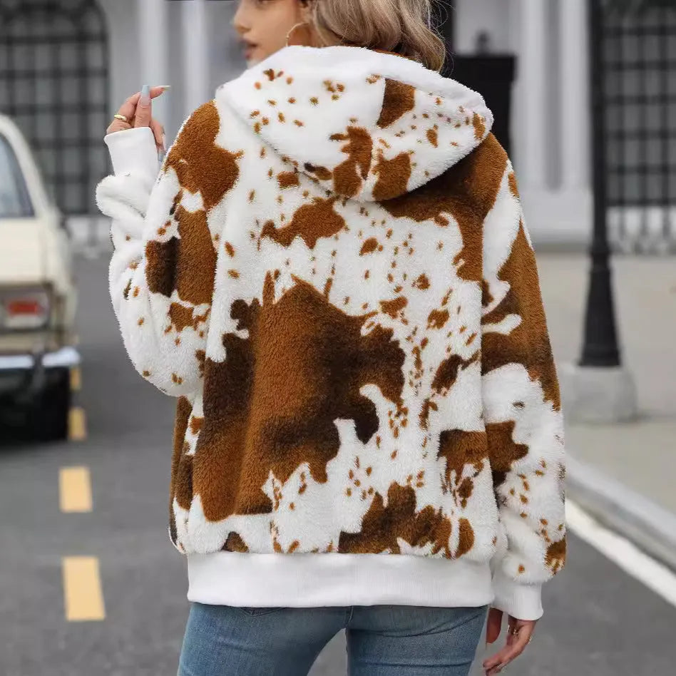 Men's yellow brown cow animal print hooded zip cardigan jacket