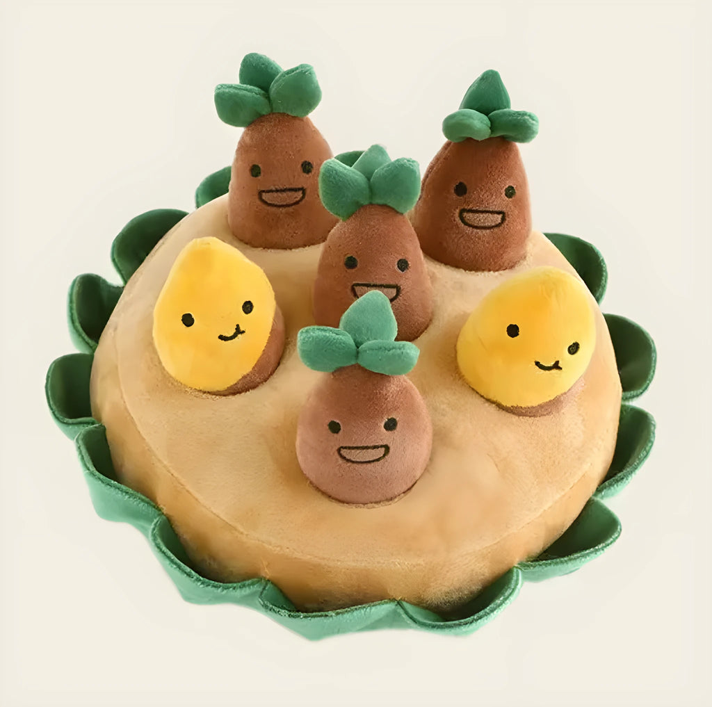 Yellow interactive dog puzzle pad with removable squeaky plush toys for slow feeding and foraging games.