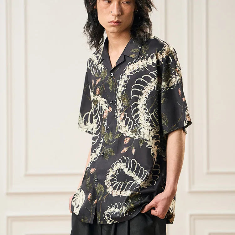 Floral snake bone pattern printed short sleeve Cuban collar loose fit shirt