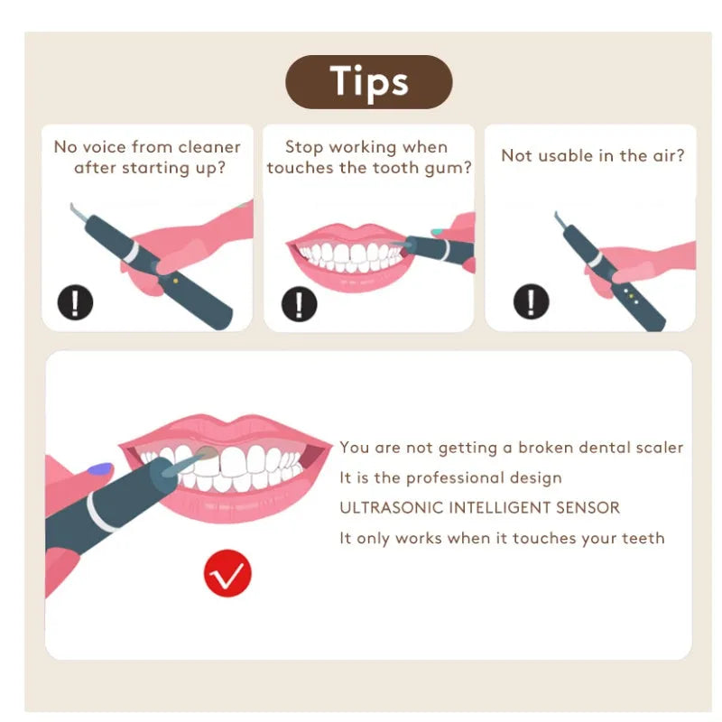 Gold-coloured ultrasonic tooth cleaning device for removing tartar and stains