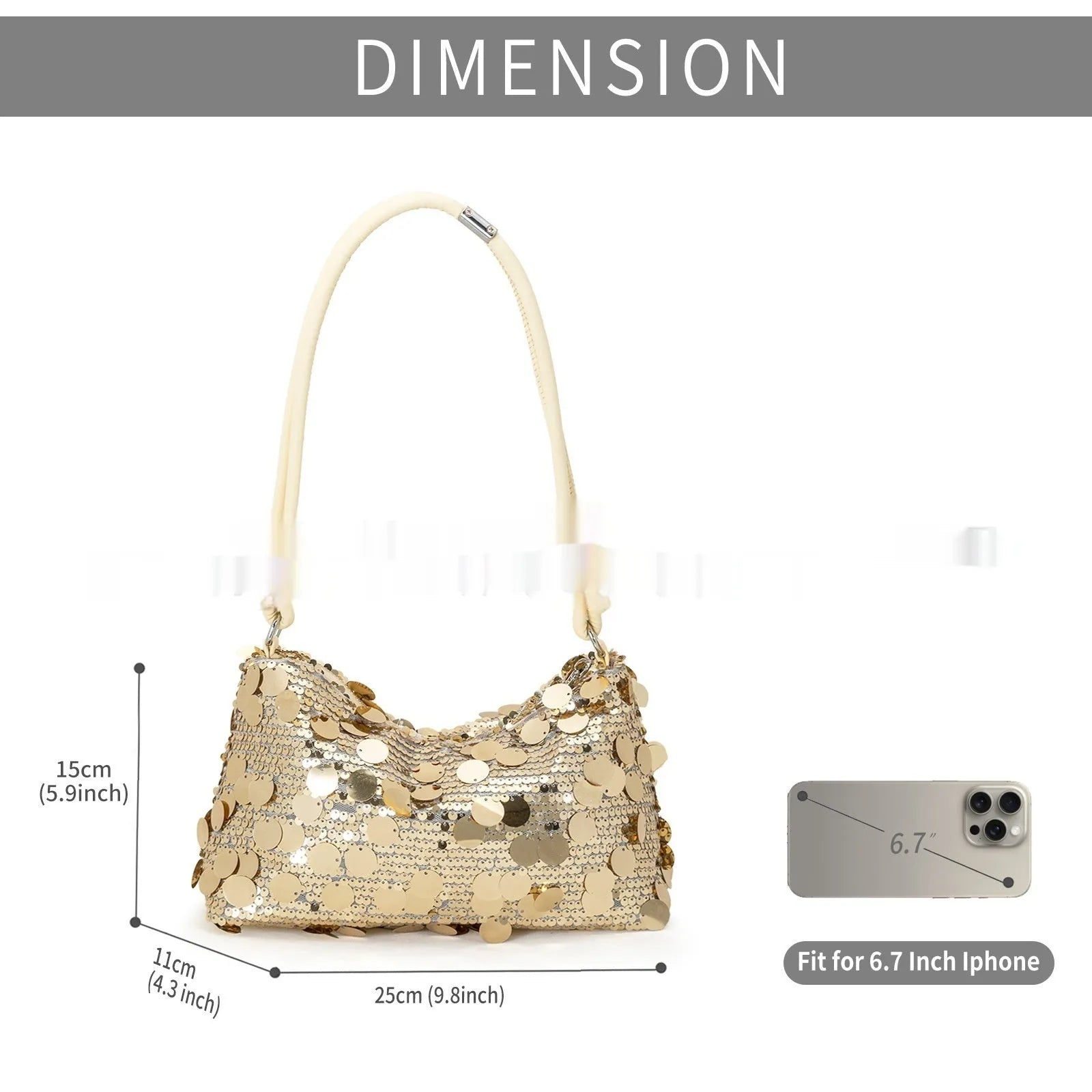 Women's soft polyester crossbody shoulder bag in gold, silver, or black with sewing thread detail