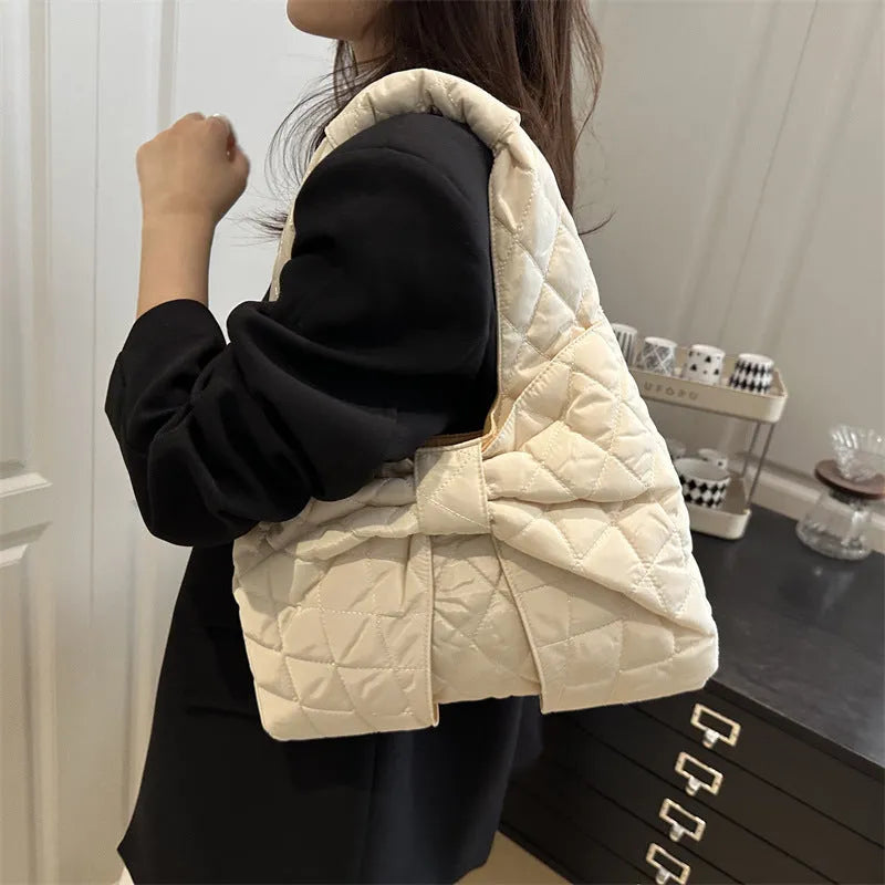 Women's one shoulder handbag soft cotton horizontal square shape with sandwich pocket in black