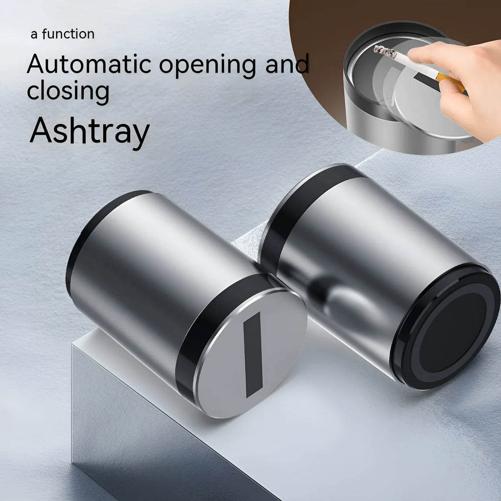 Intelligent induction ashtray with infrared automatic lid made of aluminium alloy, compact size 7x10cm, silver finish