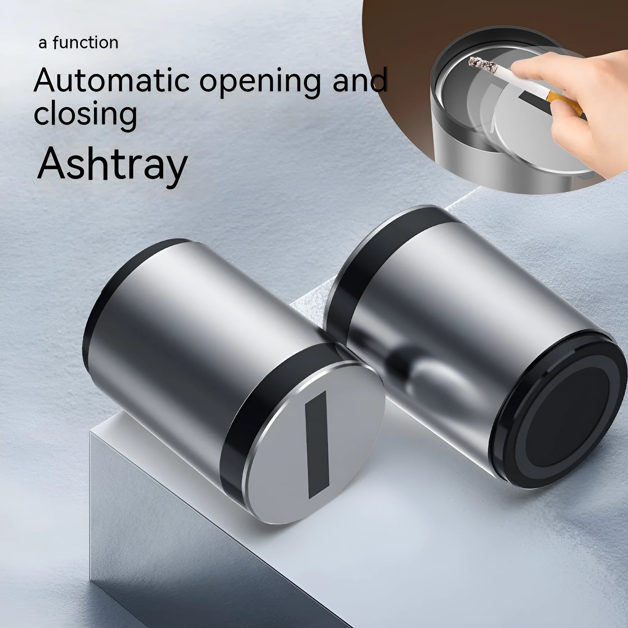 Intelligent induction ashtray with infrared automatic lid made of aluminium alloy, compact size 7x10cm, silver finish