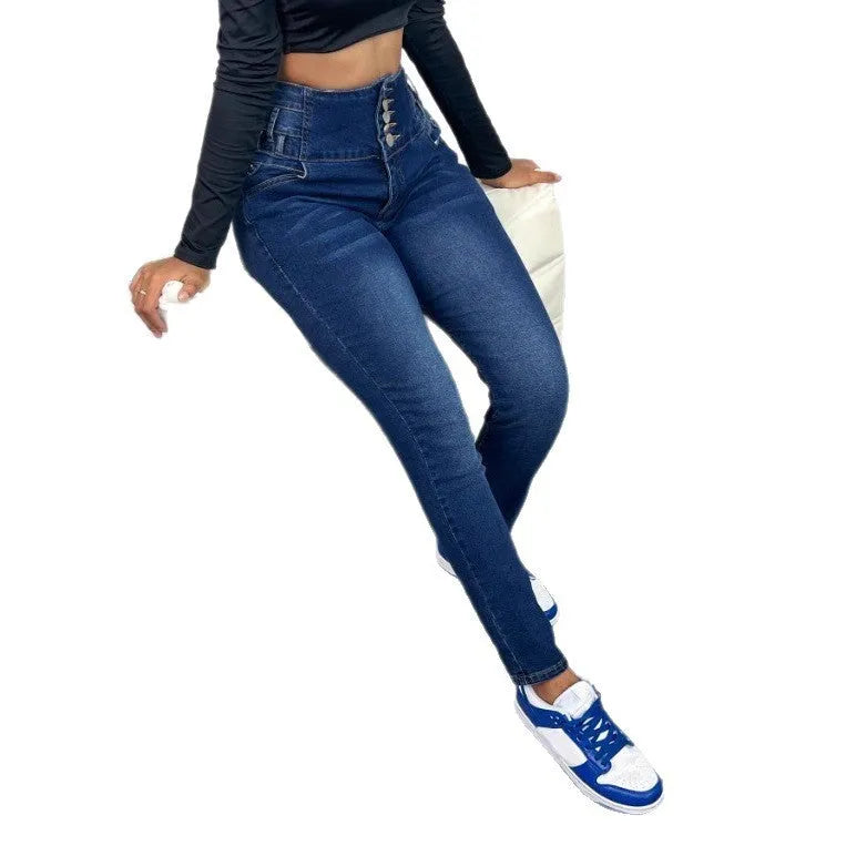 Women's dark blue straight-leg jeans trousers with button detailing and zipper fastening