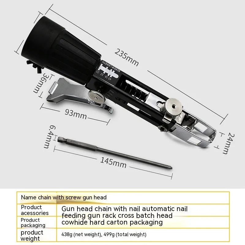 Chain screw gun head kit with metal attachment, chain strap, cross head tips, and plastic gun rack
