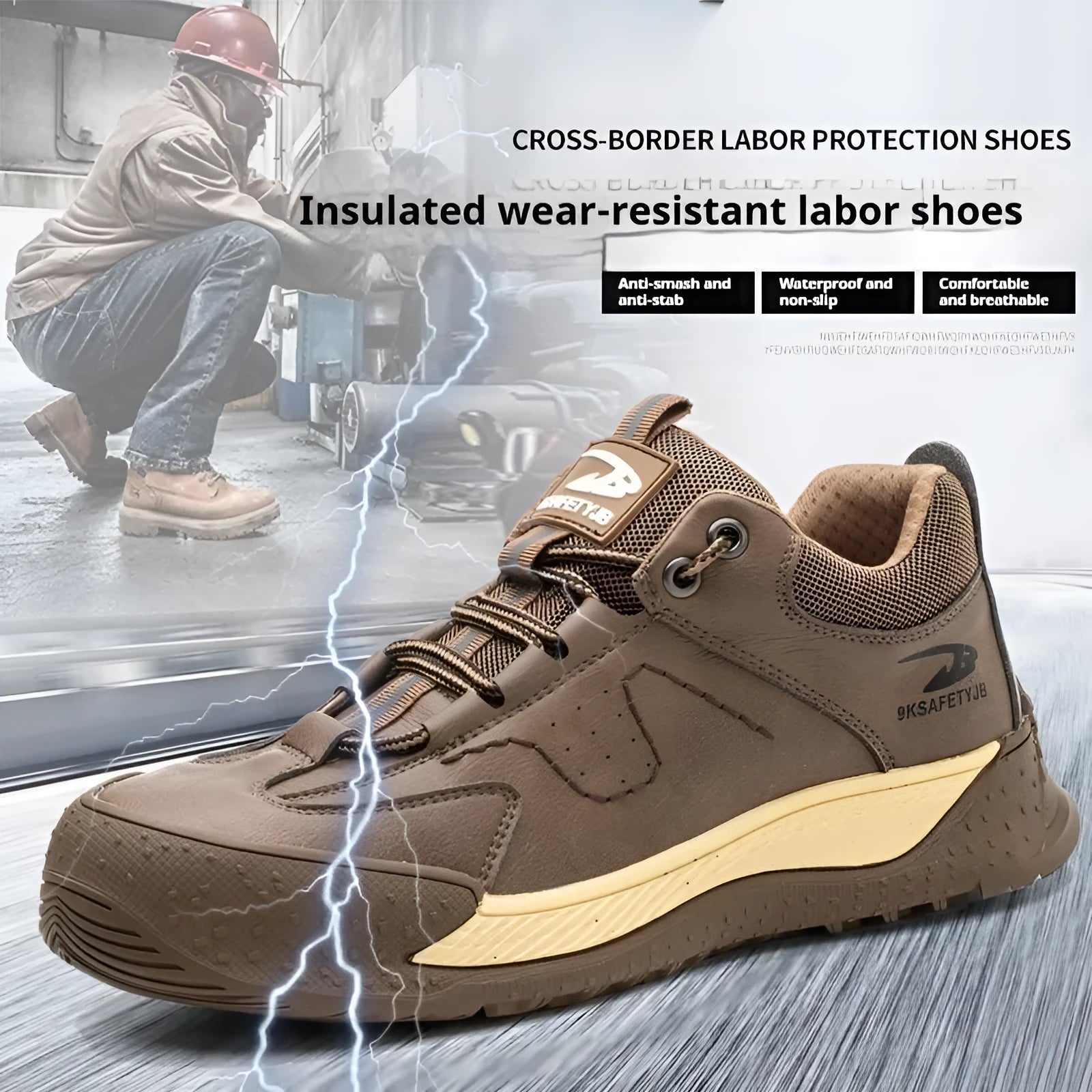 Flyknit leather safety work shoe with rubber sole shown in black colour