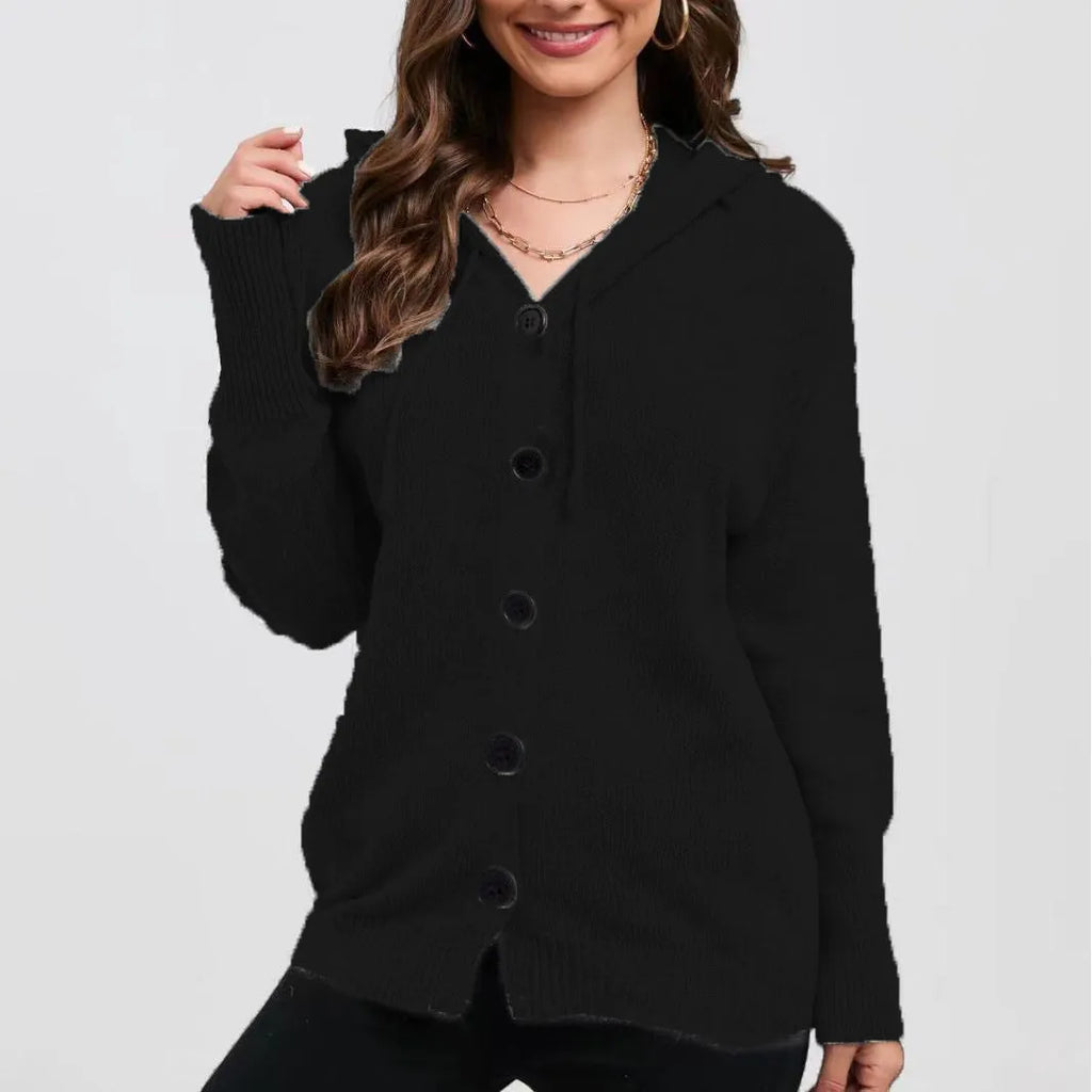 Women's thick cotton hooded cardigan in a loose fit, shown in a solid colour with a single-breasted front.