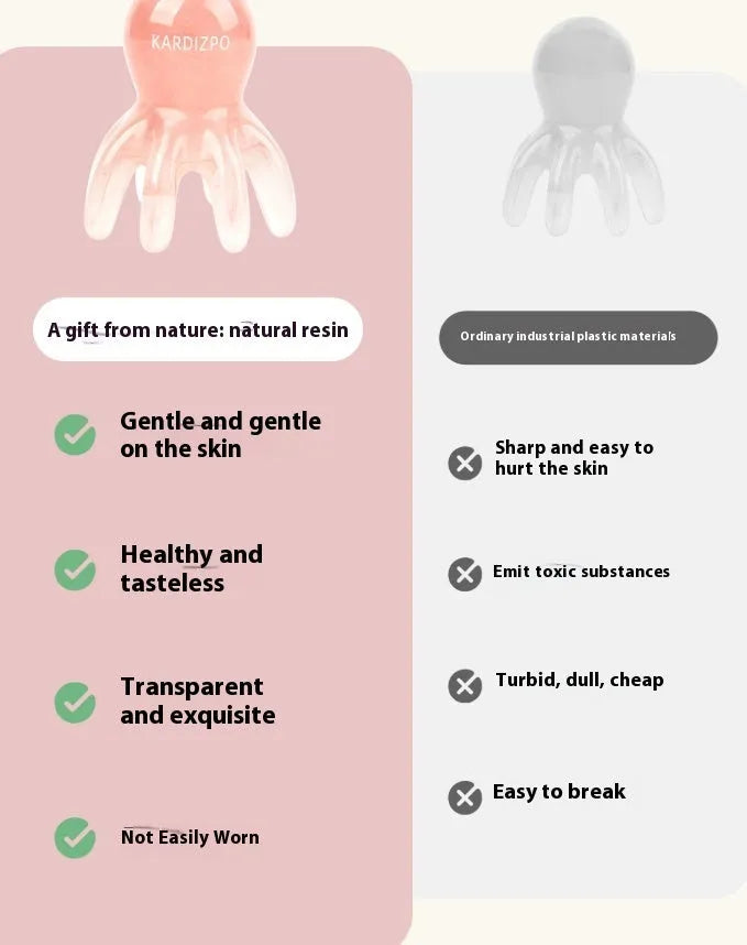 Pink octopus-shaped natural resin massage comb for periocular meridian, shown with its storage bag.