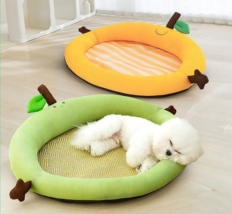 Green or yellow nest-style pet bed with fruit backrest in four different sizes.