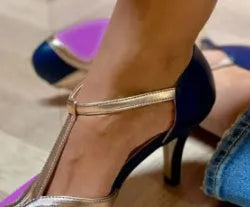 Women's round toe high heel shoes with button fastening in blue light pink, size 38