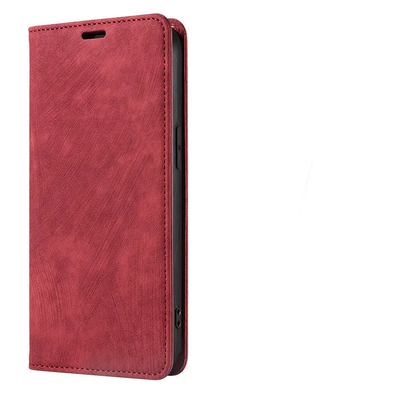 Magnetic flip phone case for iPhone in genuine leather and TPU, shown in grey colour with flap closed.
