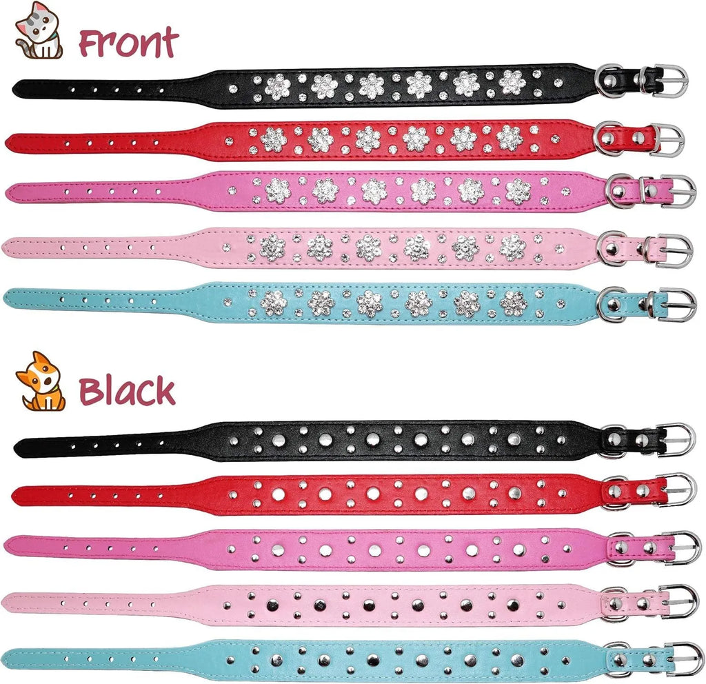 Soft black PU leather dog collar with a sparkling rhinestone flower pattern and metal studs