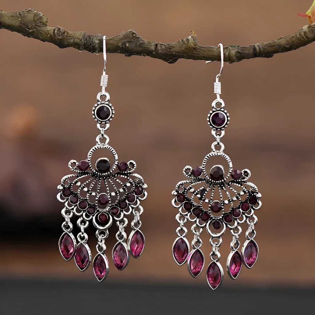 Purple crystal fringe drop earrings with retro court styling and alloy construction