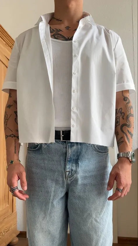 White men's short sleeve polyester shirt with cropped top design in regular fit