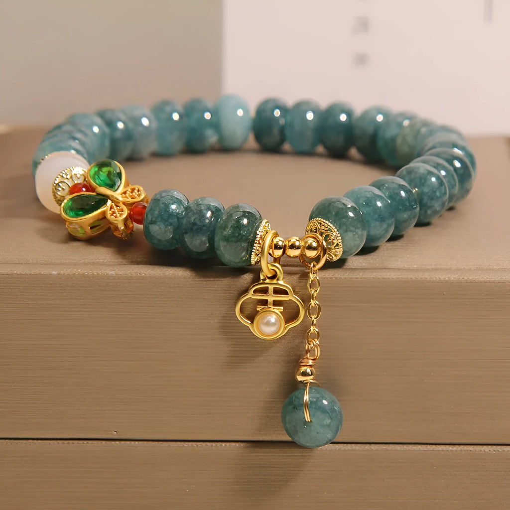 Natural blue water jade abacus beads crystal bracelet with white agate butterfly charm and rhinestones on alloy inlay