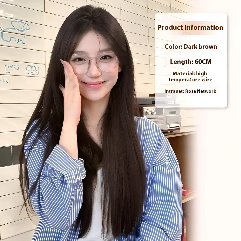 Full-head forehead lace mid-length straight wig in dark brown high temperature fibre on a mannequin