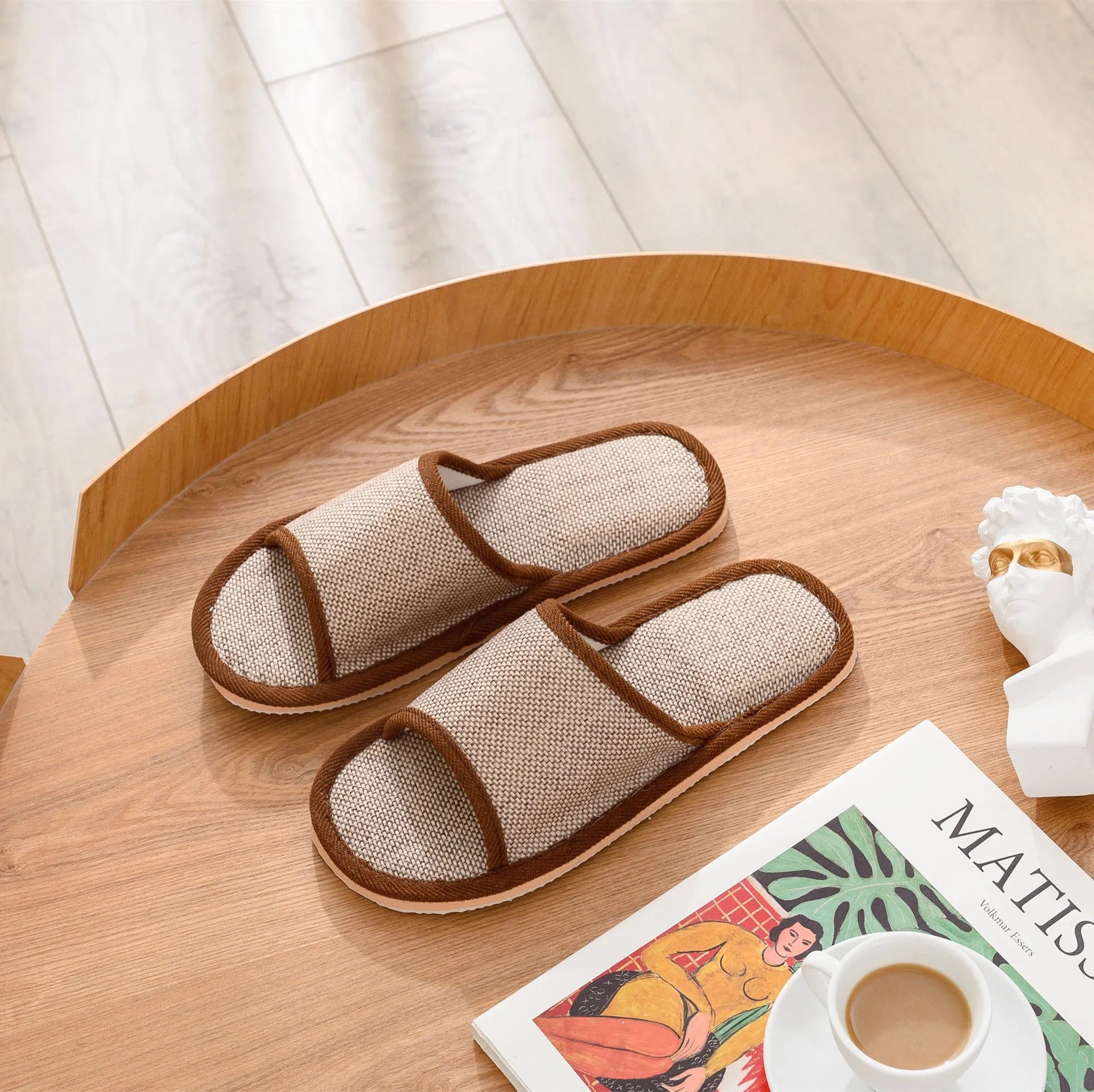 Women's cotton and linen open toe slippers in dark coffee, thickening sole, breathable indoor house shoes