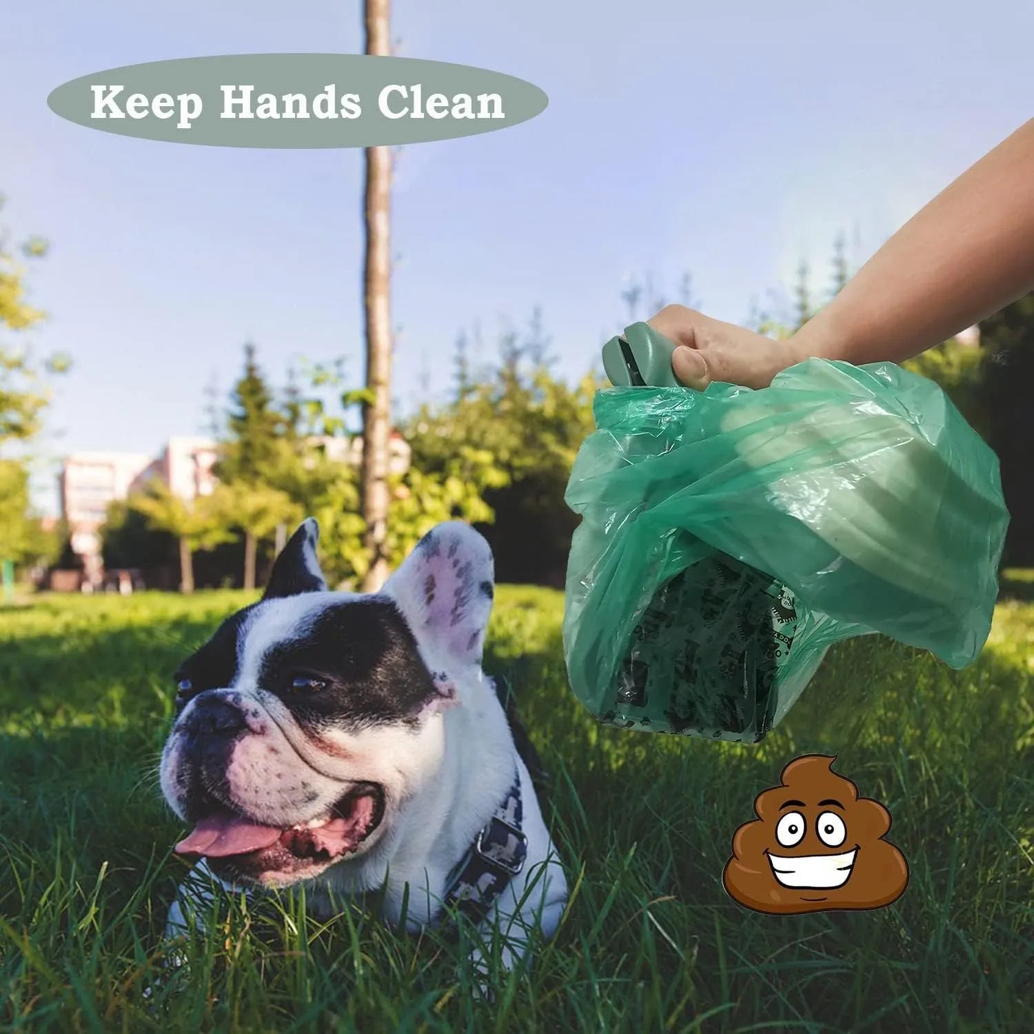 Blue handheld dog poop scooper with expandable container and integrated bag dispenser, shown with a carabiner clip.