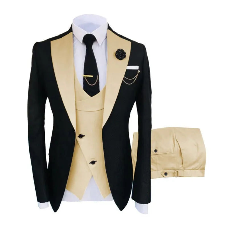 Men's slim fit three-piece cotton suit in black for a wedding or business occasion.