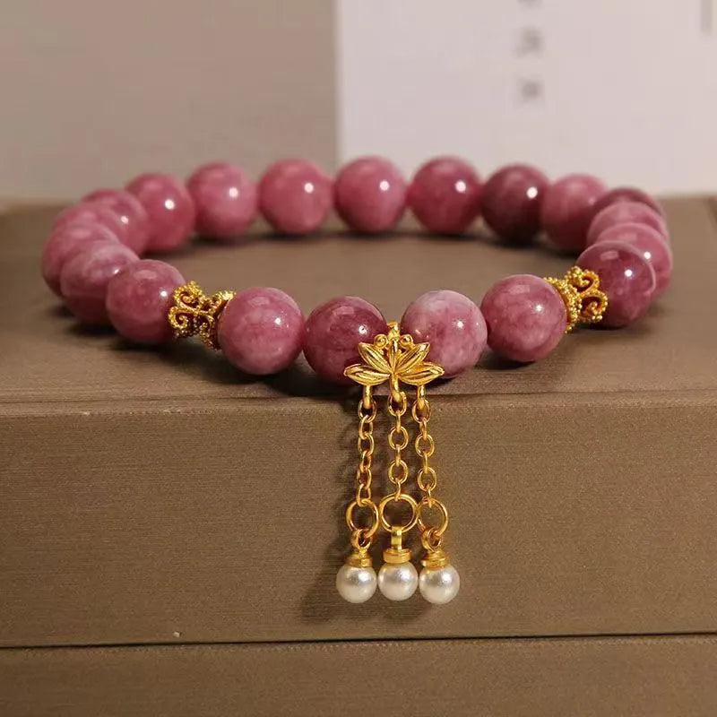Natural stone bracelet with lotus tassel and pearl pendant, pink crystal colour, electroplated finish